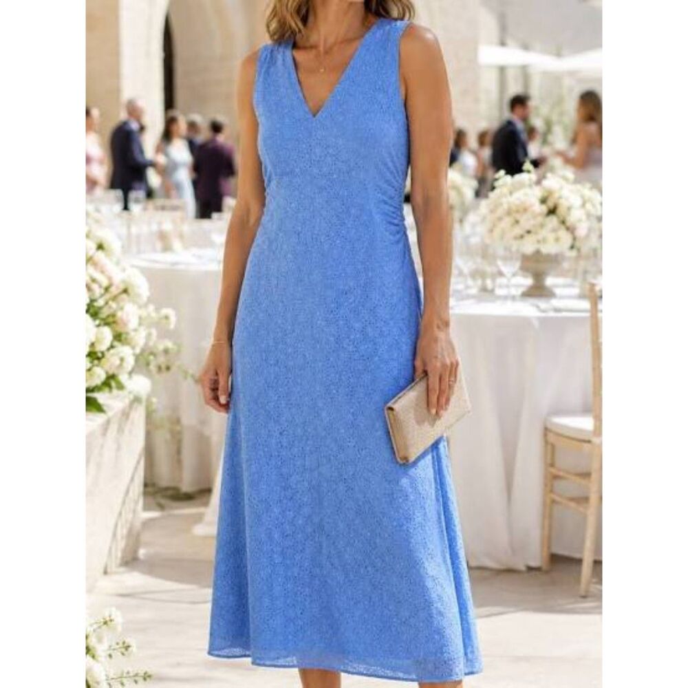 Donna Morgan Blue V-Neck Midi Dress Sleeveless Eyelet Size 10 Ruched Sides